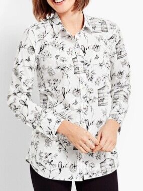 Talbots 1X Birdcage Toile Print Long Sleeve Cotton Shirt